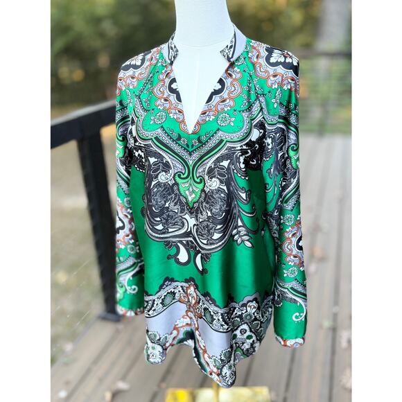 Chico's Women's Paisley Print Tunic Silk Blouse Emerald Green Size M Long Sleeve - Picture 1 of 9